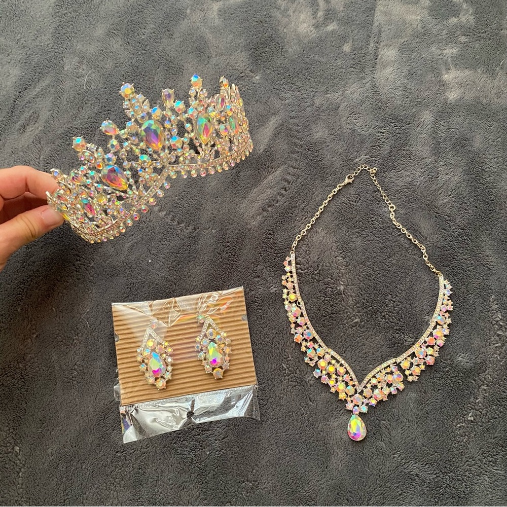 Rainbow jewel necklace, earrings, and crown set